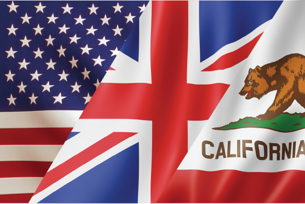 Overlapping United States, United Kingdom and California flags.