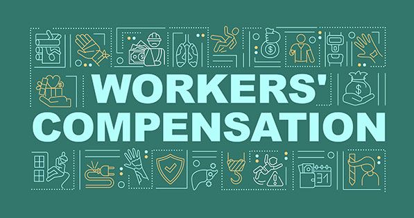 WORKERS' COMPENSATION graphic surrounded by line icons of workplace injuries and safety equipment.