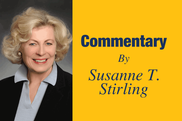 Portrait of a blonde woman beside a yellow panel reading 'Commentary By Susanne T. Stirling.'