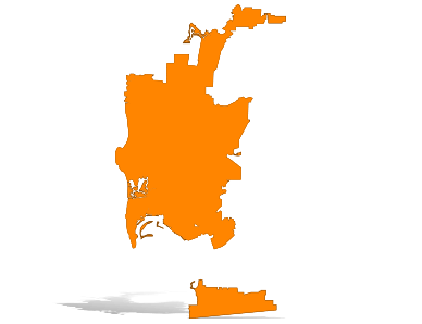 Orange silhouette map of San Diego with a drop shadow.