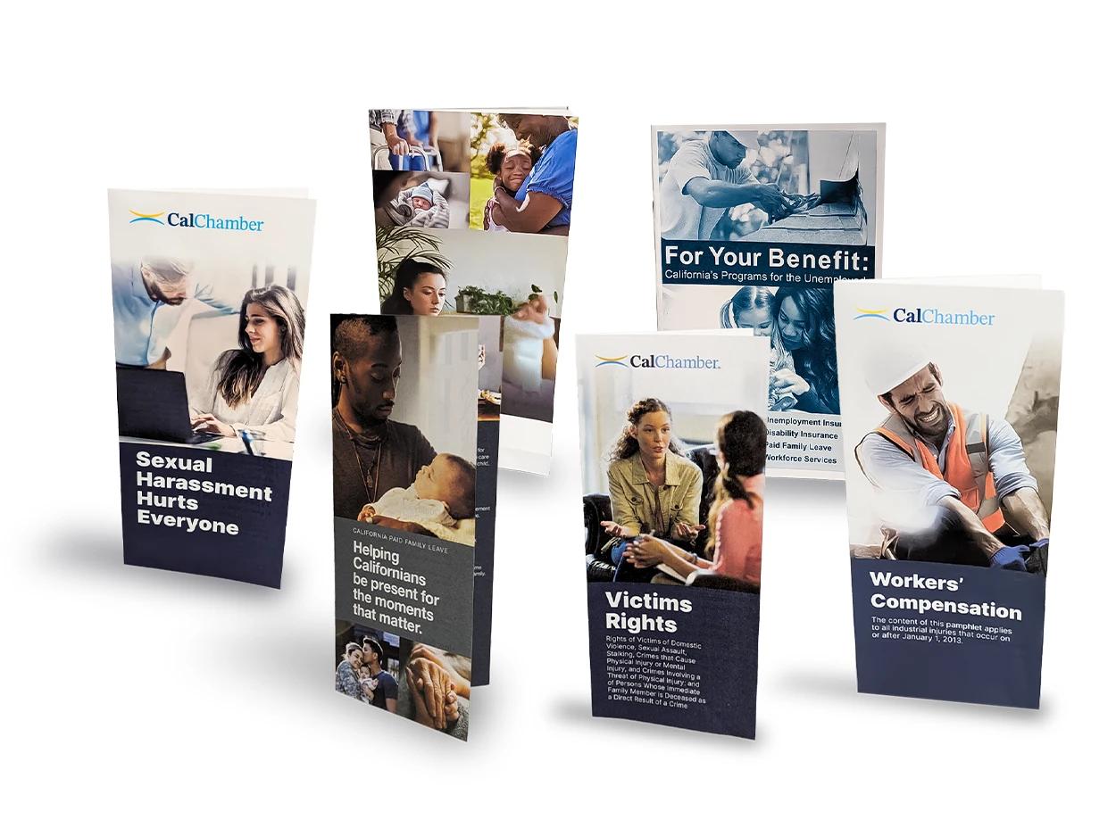 A collection of employee pamphlets covering harassment, benefits, victims’ rights and workers’ compensation.
