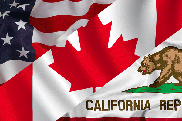 United States, Canada and California flags ripple in overlapping folds.