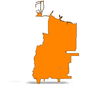 Orange silhouette map of Sunnyvale with a drop shadow.
