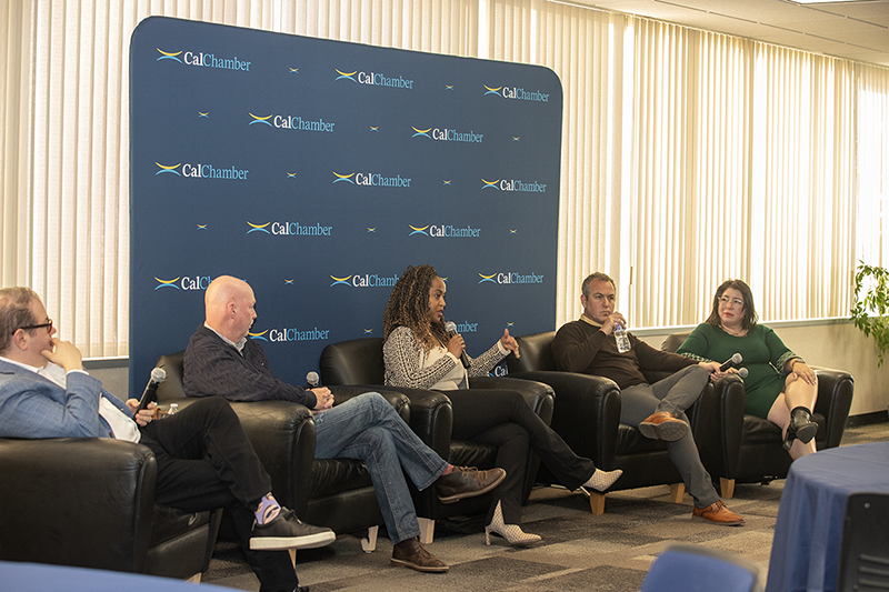Panelists offering a political update are (from left) CalChamber Executive Vice President and Chief of Staff for Policy Ben Golombek, Anthony York, Stephanie Roberson, Joe Justin and Marva Diaz.