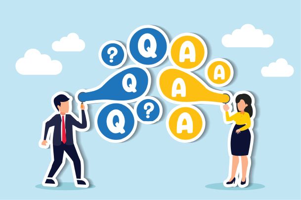 Illustration of two people exchanging speech bubbles containing Q, A and question marks.