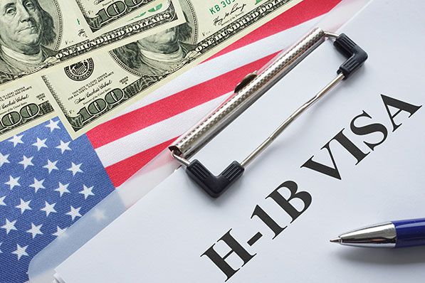 H-1B VISA document with US dollars and an American flag.