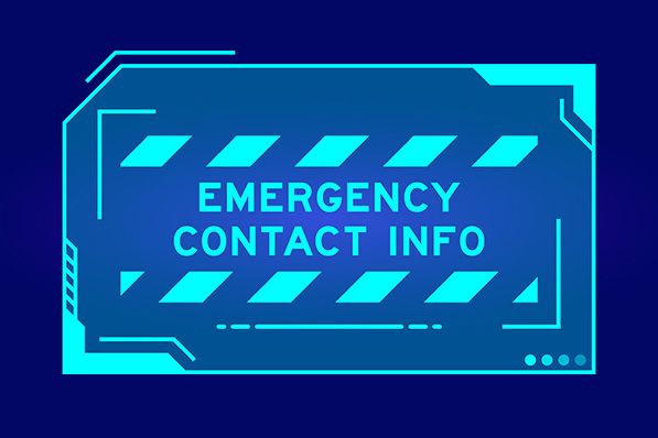 Emergency Contact Info lettering inside a cyan digital frame on dark blue.