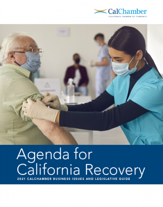 Agenda for California Recovery guide cover showing a masked healthcare worker administering a vaccination.