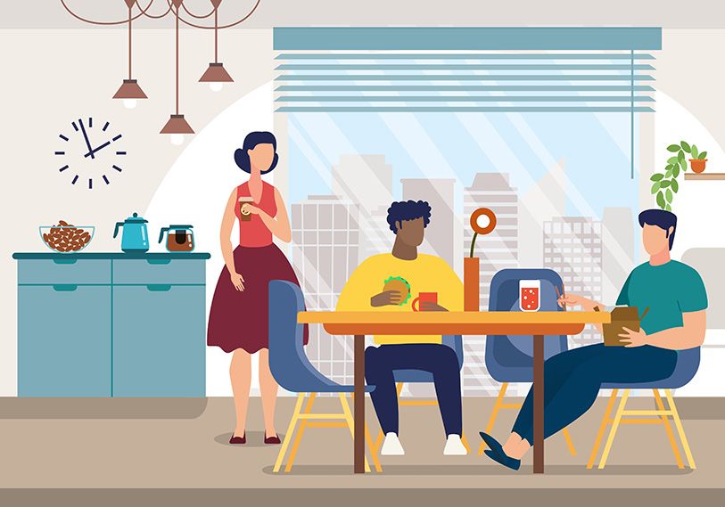 Illustration of three coworkers eating and drinking around a table in an office break room.