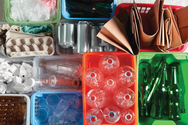 Recyclable materials sorted into bins, including cardboard, cans, paper, plastic bottles and glass bottles.