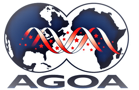 AGOA logo: two dark blue globes showing the Americas and Africa, a red and white DNA helix, red stars, and the text 'AGOA'.