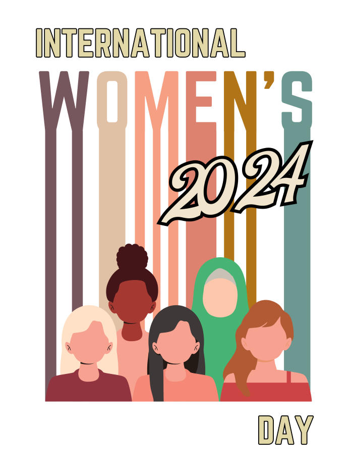 International Women's Day 2024 poster with illustrated women and multicolored vertical stripes.