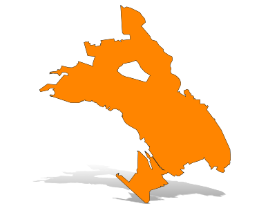 Orange silhouette map of Oakland with a drop shadow.