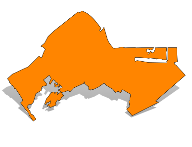 Orange silhouette map of Burlingame with a gray drop shadow.