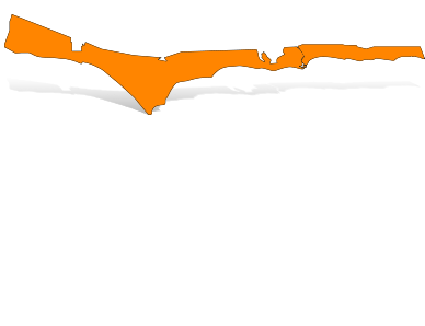 Orange silhouette map of Malibu with a drop shadow.
