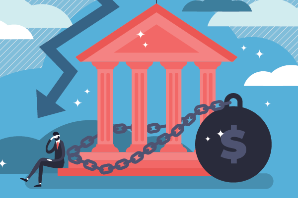 Illustration of a government building chained to a heavy dollar-sign ball beneath a downward arrow.