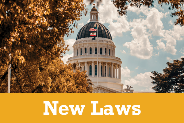 The California State Capitol dome above a yellow banner reading New Laws.