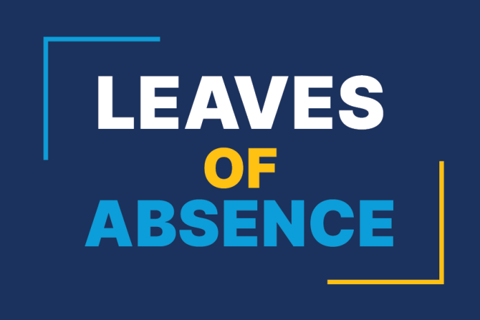 LEAVES OF ABSENCE text in white, yellow and blue on a dark blue background with corner accents.