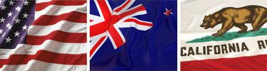 United States, New Zealand and California flags displayed side by side.