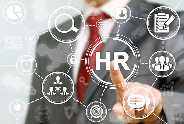 A hand touches an HR icon surrounded by recruitment, organization and workplace symbols.