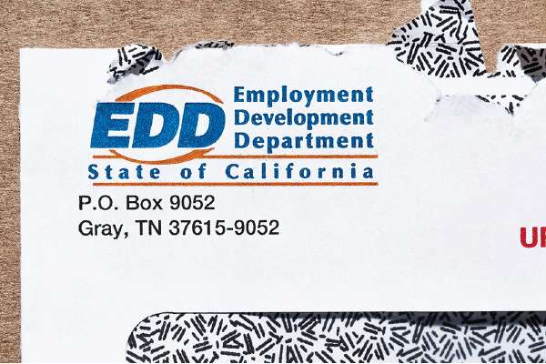 Close-up of an envelope bearing the California Employment Development Department logo and return address.
