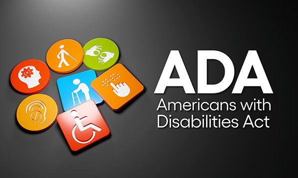 ADA Americans with Disabilities Act graphic with colorful accessibility symbols.
