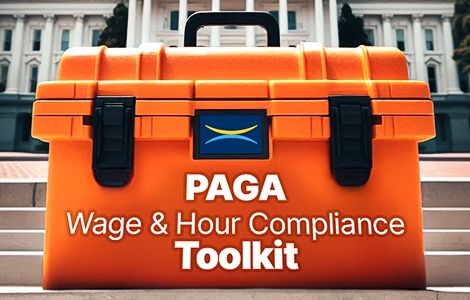 An orange toolbox labeled PAGA Wage & Hour Compliance Toolkit stands in front of the California State Capitol.