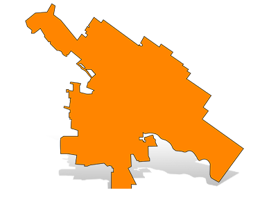 Orange silhouette map of Petaluma with a gray drop shadow.