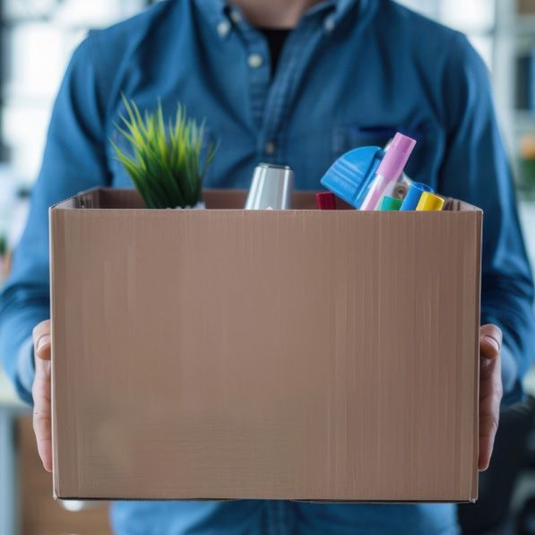A person carries a cardboard box holding a plant and office supplies.