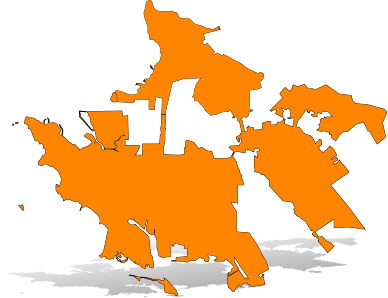 Orange silhouette map of Richmond with a drop shadow.