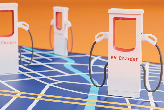 Illustration of electric vehicle charging stations arranged on a stylized street map.