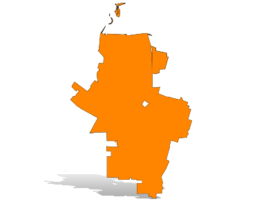 Orange silhouette map of Mountain View with a drop shadow.