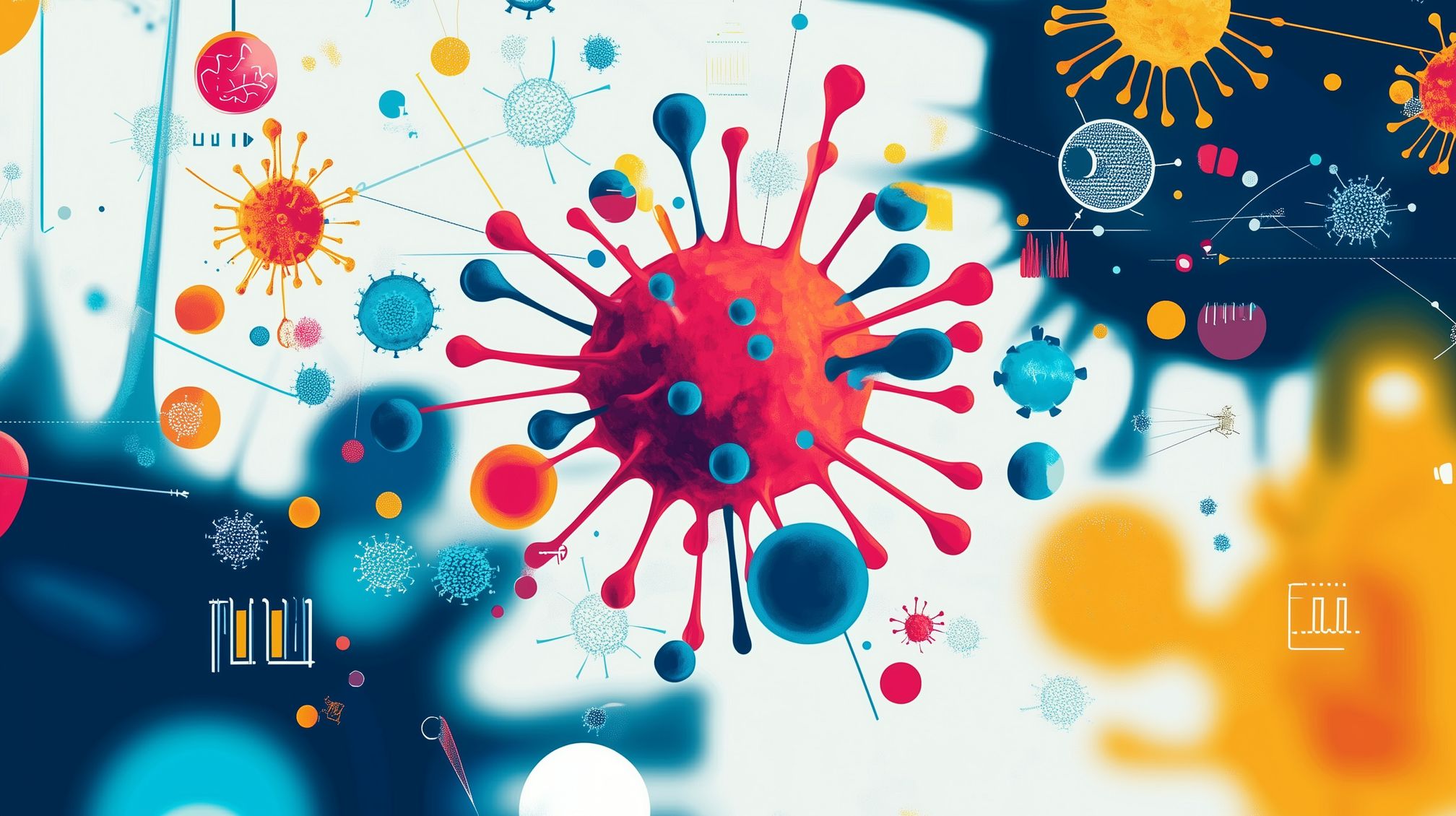 Colorful illustrated virus particles float against a bright abstract background.
