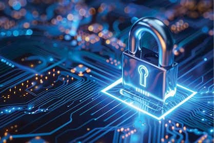 A glowing blue padlock stands on an illuminated electronic circuit board.