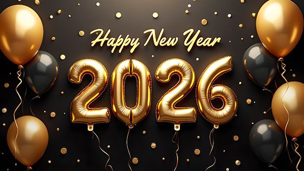 Happy New Year text above gold 2026 balloon numerals with black and gold balloons.