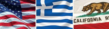 United States, Greece and California flags displayed side by side.