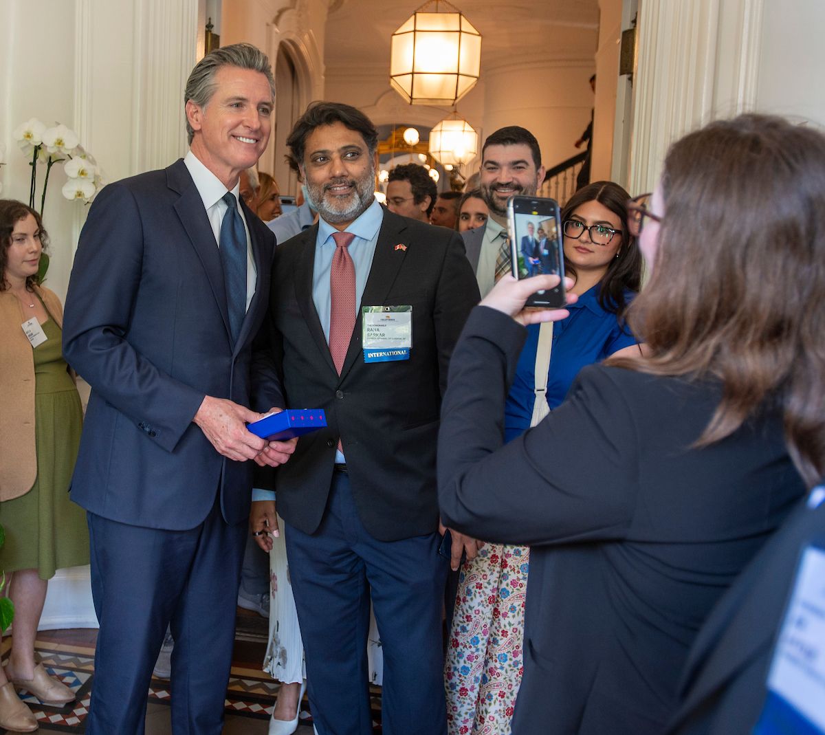 Governor Newsom poses with Canadian Consul General Rana Sarkar, dean of the San Francisco consular corps at the reception.