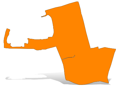 Orange silhouette map of Emeryville with a drop shadow.