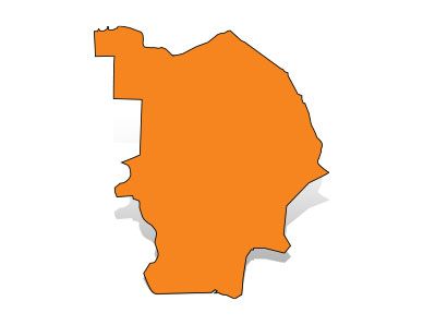 Orange silhouette map of Foster City with a gray drop shadow.