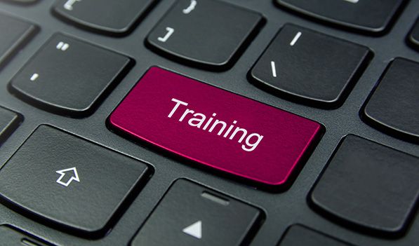 A pink "Training" key on a black computer keyboard.