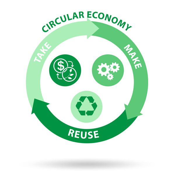 Circular Economy diagram with green arrows labeled Take, Make and Reuse around money, gears and recycling symbols.