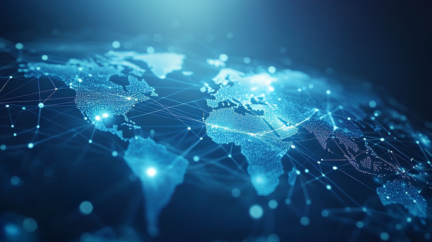 A luminous blue world map connected by glowing dots and network lines.