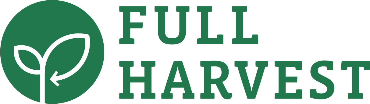 Full Harvest wordmark in green beside a circular sprout icon.