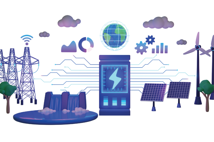 Illustration of an energy network with a battery, power lines, solar panels, wind turbines and a globe.
