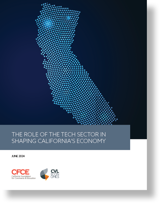 Report cover titled 'The Role of the Tech Sector in Shaping California's Economy' with a dotted blue California silhouette.