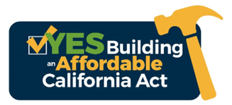 Yes on Building an Affordable California Act graphic with a checkmark and yellow hammer.