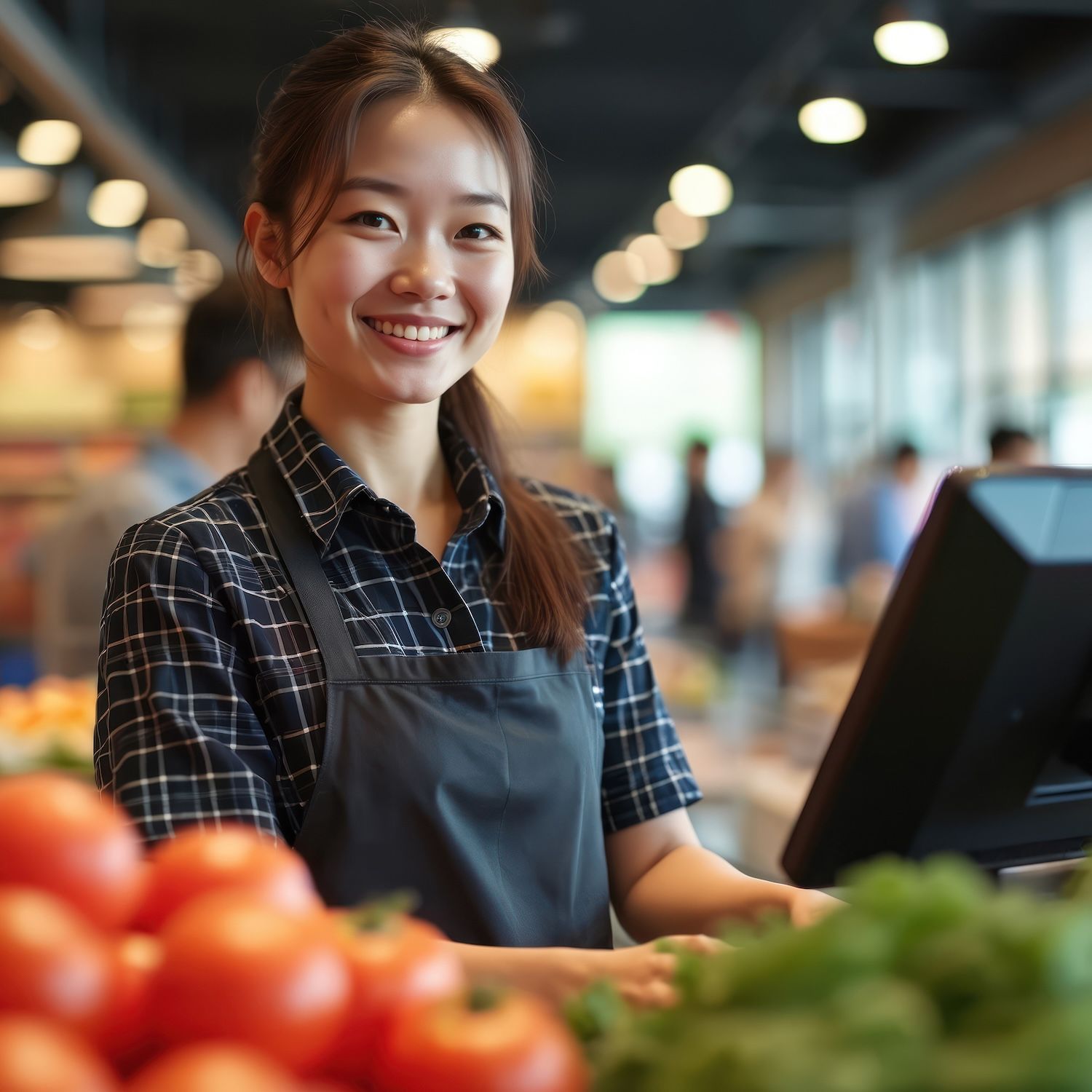 A smiling worker in an apron stands at a grocery checkout behind fresh produce.