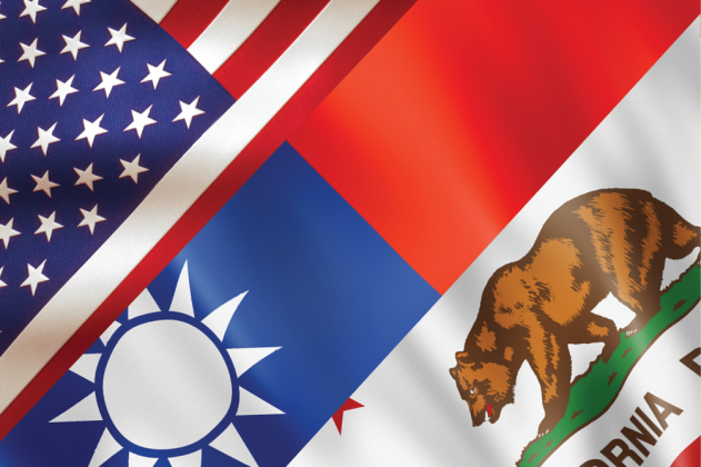 U.S., Taiwanese and California flags arranged diagonally.