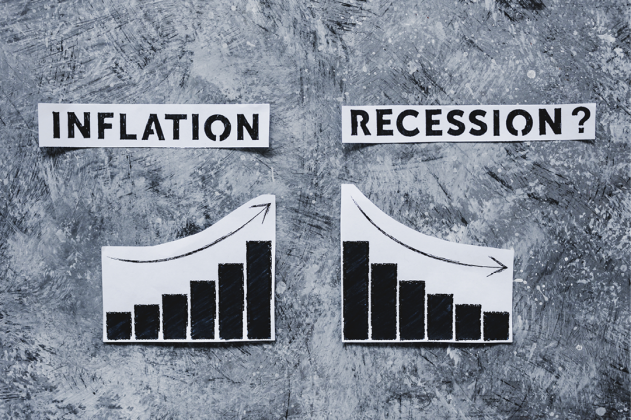 INFLATION label above a rising bar chart and RECESSION? above a falling bar chart.