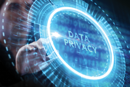 A hand touches a glowing blue circular interface labeled Data Privacy.